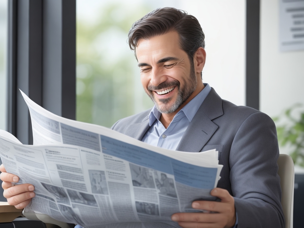 Mężczyzna w garniturze czytający gazetę z uśmiechem na twarzy
