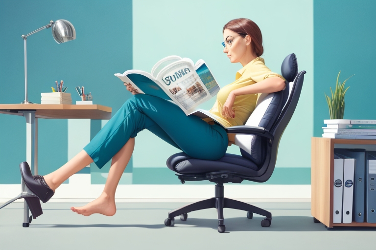 Pani bez jednego buta siedzi w biurze przy biurku i czyta gazetę
