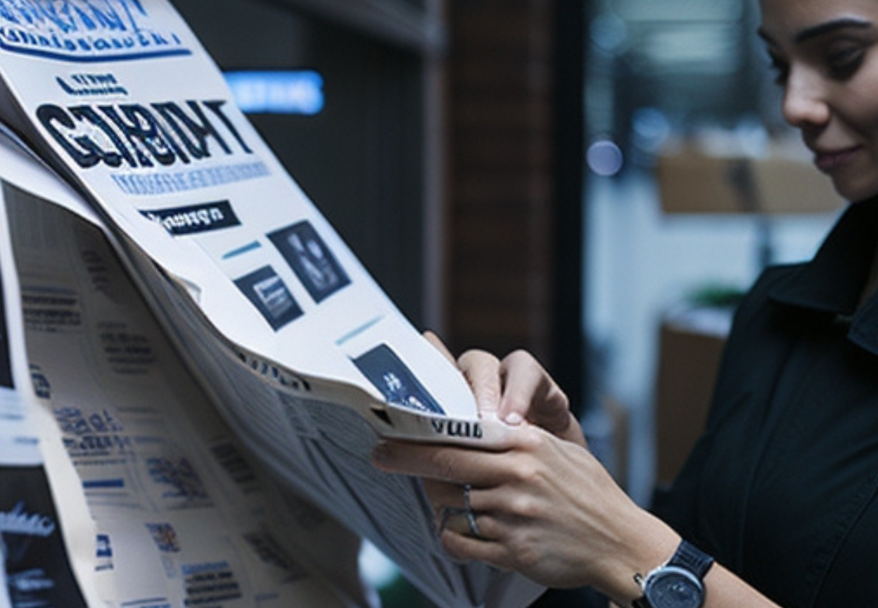 kobieta czytająca gazetę na straganie