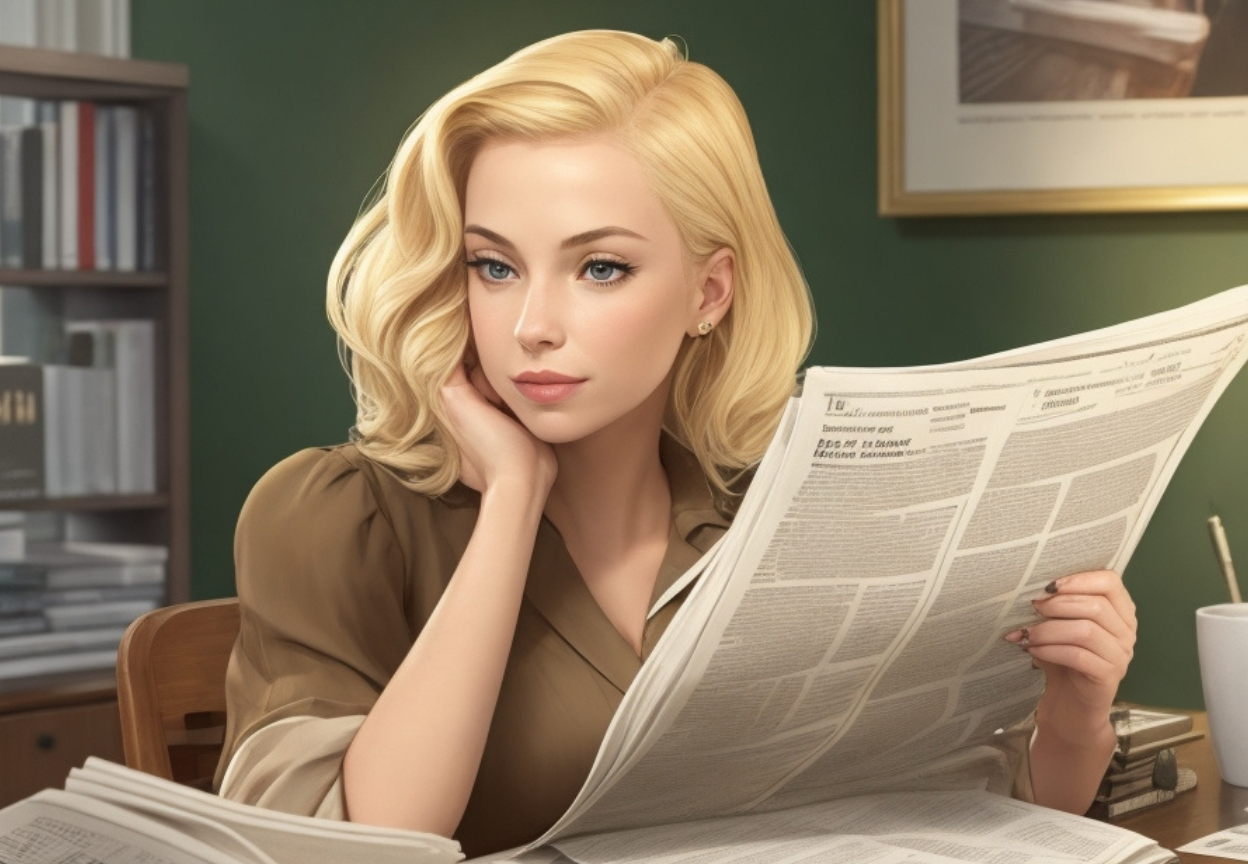 Blondynka w biurzezyta gazetę