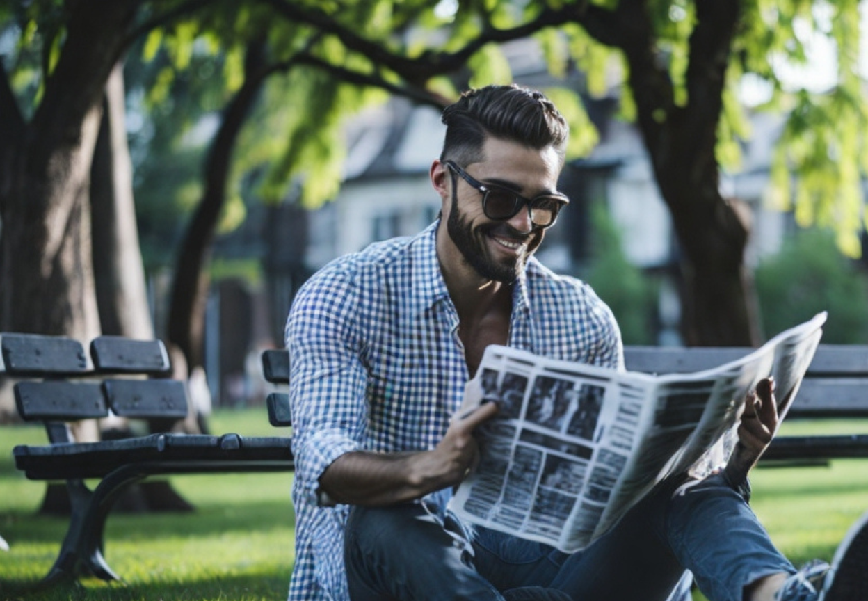 Mężczyzna czytający gazetę w parku