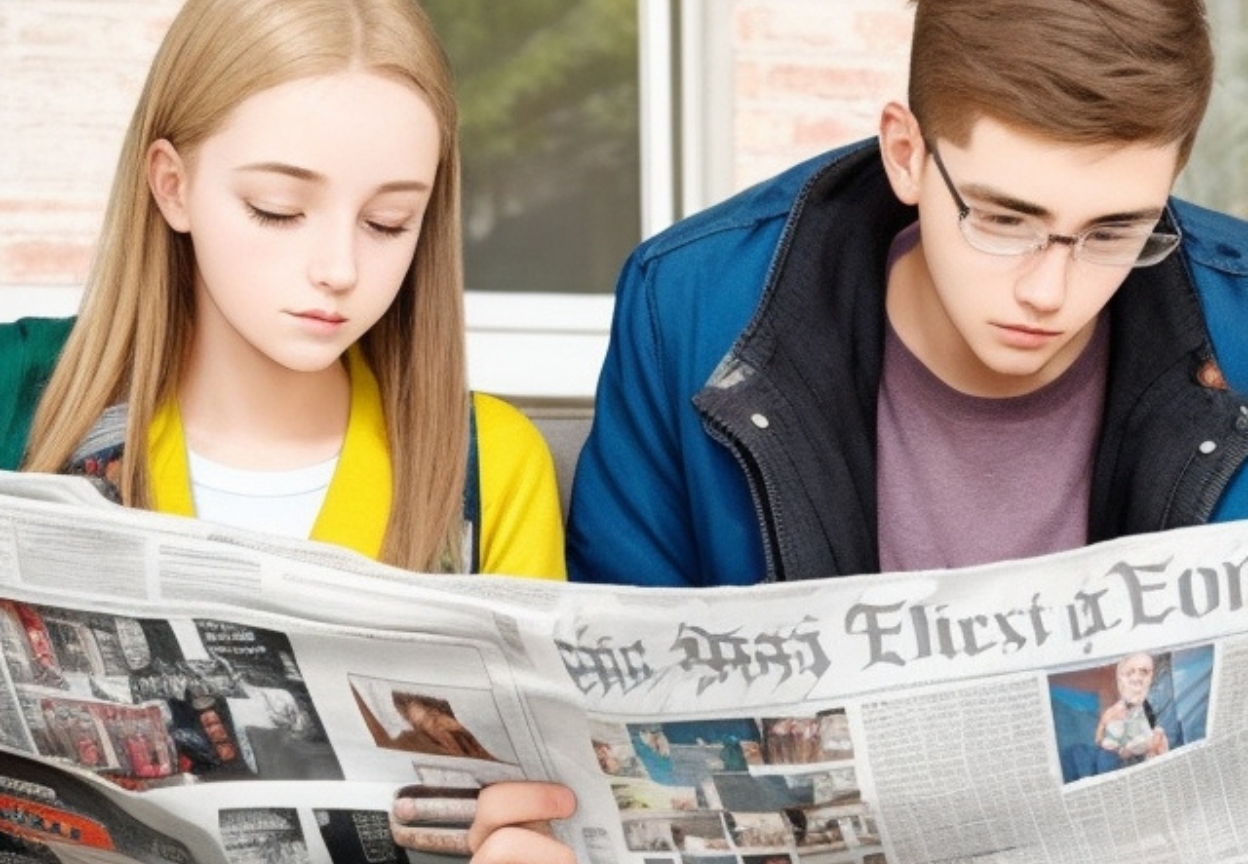 młodzi ludzie czytający gazetę