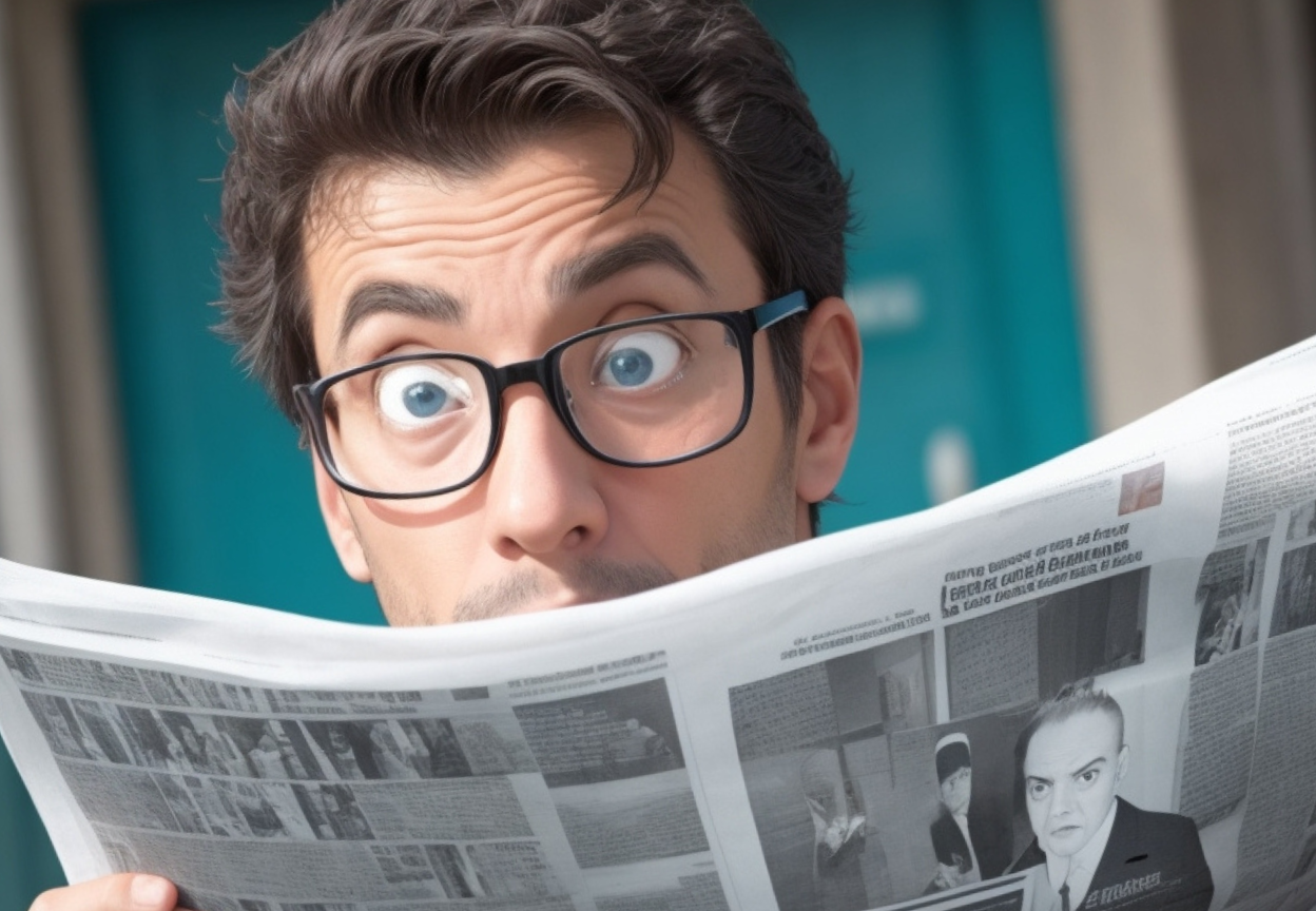 Mężczyzna z zaskoczonym spojrzeniem czyta gazetę