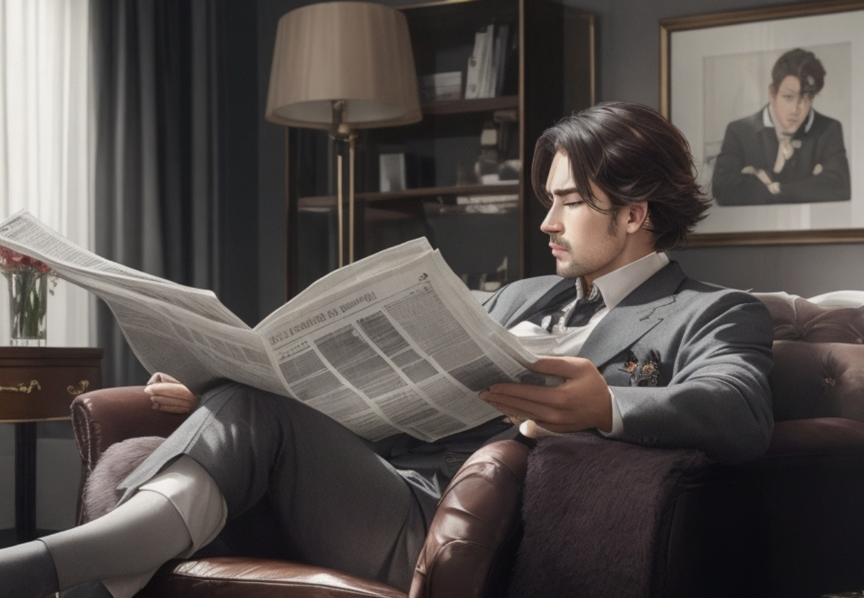 Mężczyzna w gabinecie czytający gazetę