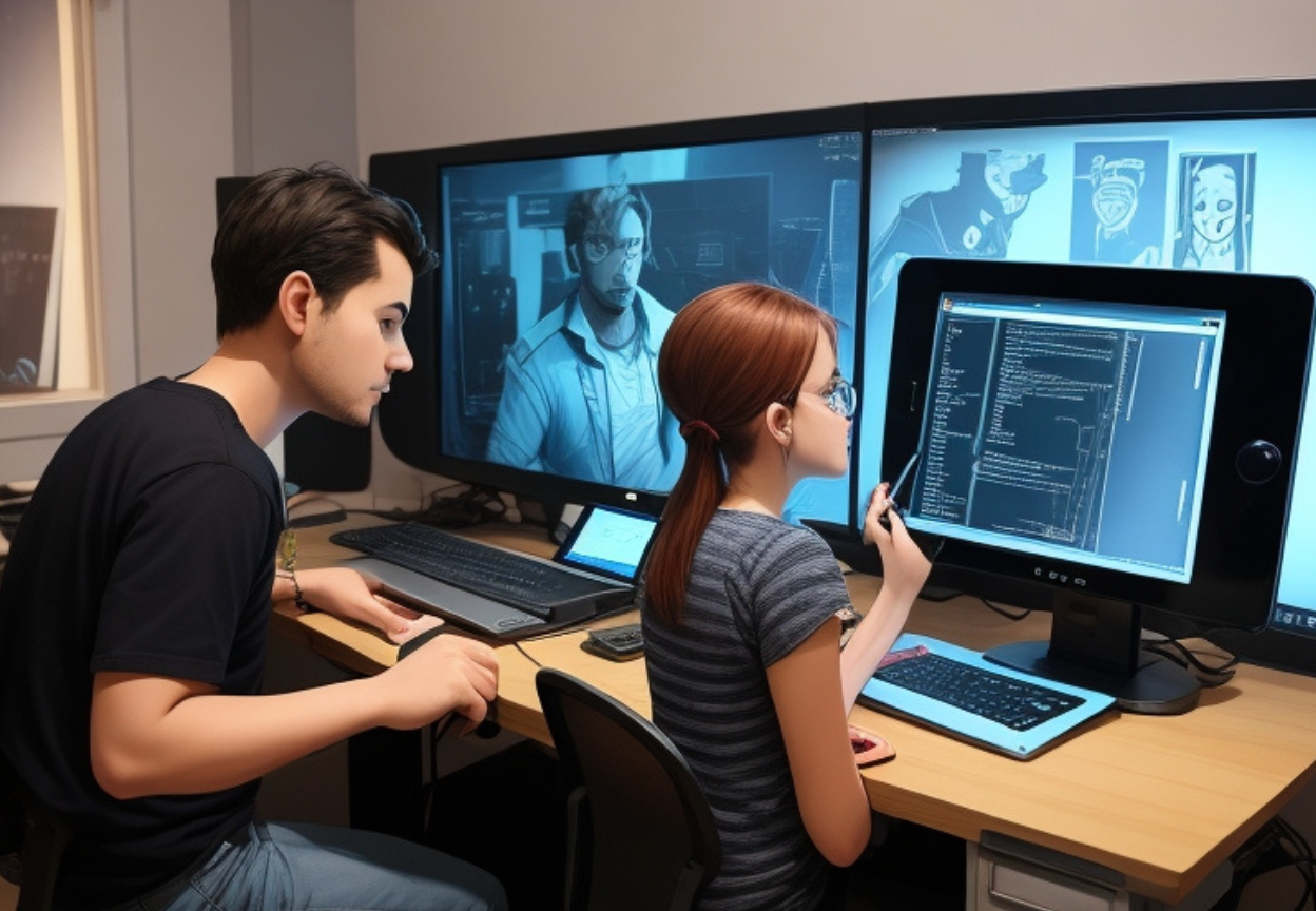 Kobieta i mężczyzna pracujący na komputerach nad grą komputerową